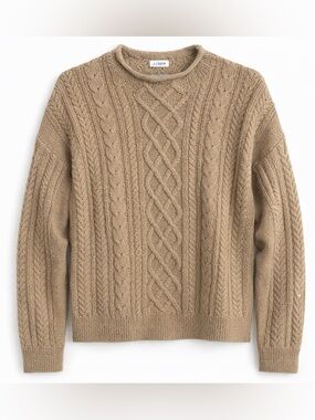 J.Crew Cable Knit Sweater Tan Neutral Chunky Crewneck Pullover Size L Classic